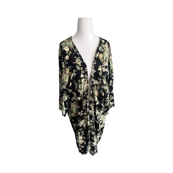 POL Kimono Open Long Duster Women’s One Size Black Floral Festival Boho Hippie - Picture 1 of 4